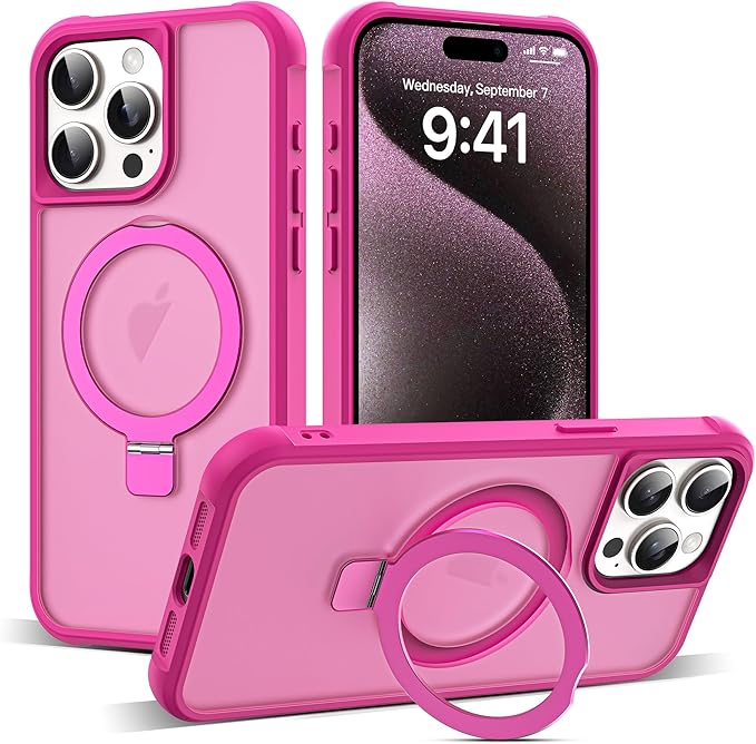 Compatible with iPhone 15 Pro Case with Invisible Magnetic O-Ring Stand Military-Grade Translucent Case for iPhone 15 Pro 6.1" [Compatible with Mag-Safe][Great Grip Feeling], Rose
