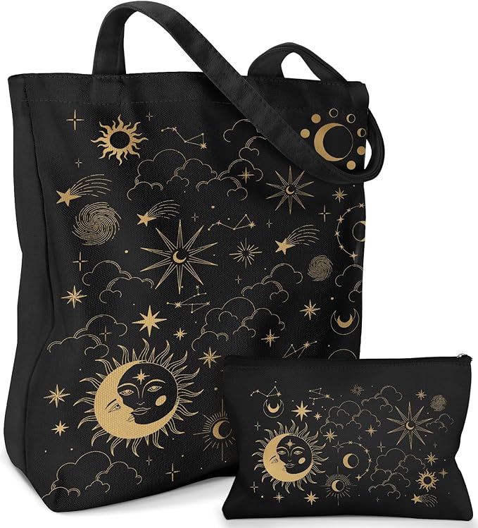 2 Pack Canvas Tote Bag - with Makeup Pouch Aesthetic Cute Women Reusable Canvas Bag for Shopping, Work, Travel