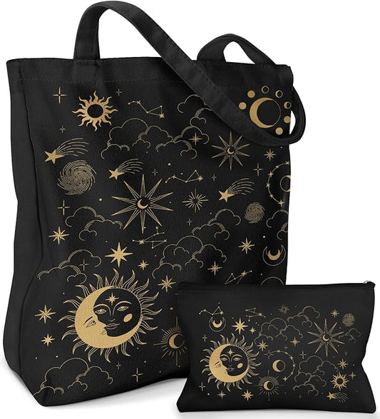 2 Pack Canvas Tote Bag - with Makeup Pouch Aesthetic Cute Women Reusable Canvas Bag for Shopping, Work, Travel