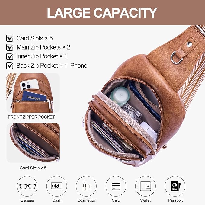 Anti Theft Crossbody Bags for Women Travel Chest Sling Bag Leather RFID Purse Fanny Pack Brown