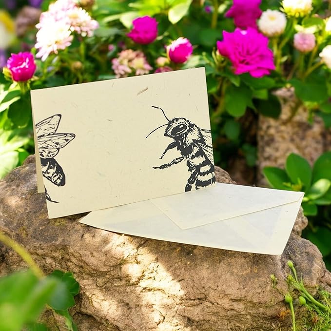 Kathmandu Valley Co. Nepali Cherish Greeting Card & Envelope Deluxe Box Set with Handmade Lokta Paper from Nepal, 25 Cards (Bees)