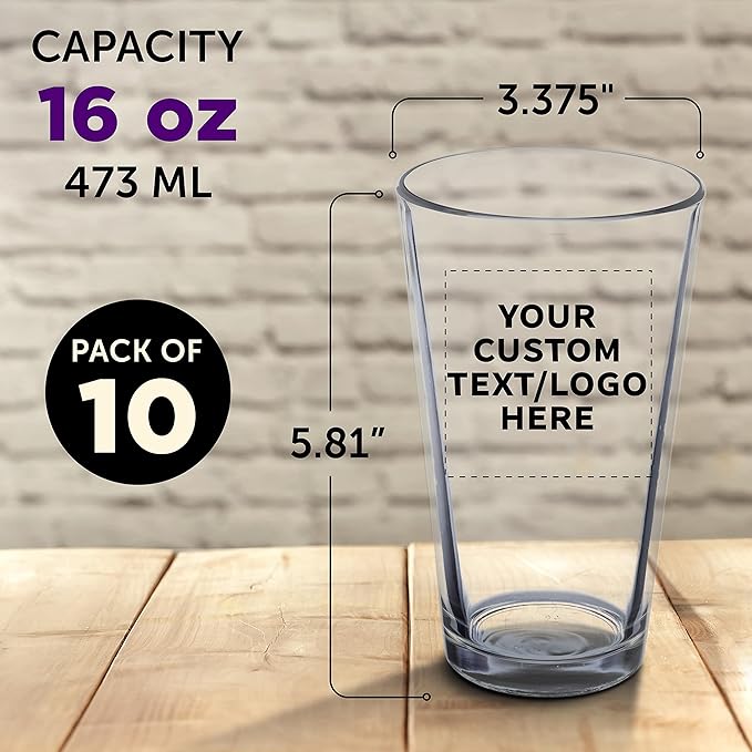 Custom Libbey Pint Glass 16 oz. Set of 10, Personalized Bulk Pack - Beer Glasses, Heavy Duty Drinkware - Clear