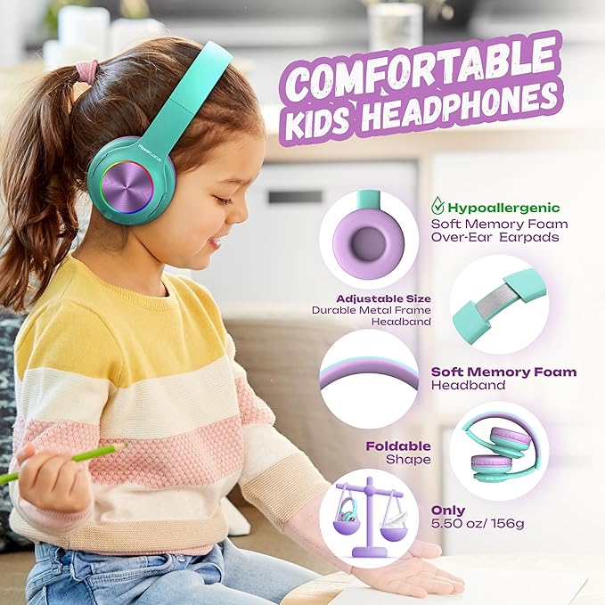 PowerLocus PLED Kids Bluetooth Headphones, Kids Wireless Headphones with LED Lights, 74/85/94dB Safe Volume, Micro SD, AUX Cable, Hi-Fi Stereo, Built-in Mic Over Ear Kid Headphone for Travel/Tablet/PC