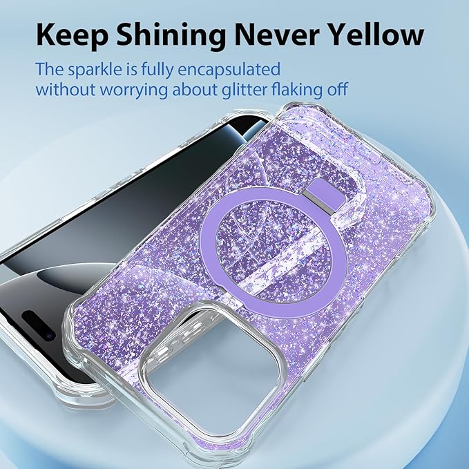 Magnetic for iPhone 16 Pro Case with Invisible Stand, Compatible with MagSafe, Clear Bling Sparkle Shockproof Slim Anti-Slip Military Drop Protection Hard Phone Case 6.1" Glitter Purple