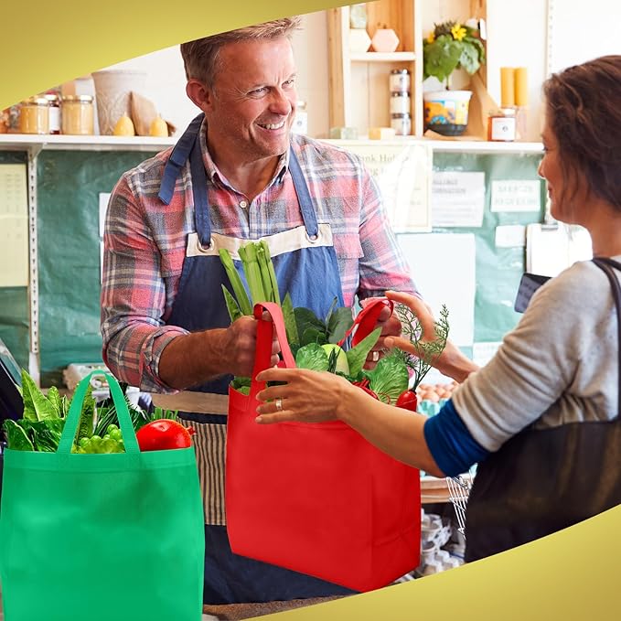 Reginary Reusable Totes Bags - 100 Pcs Non Woven Grocery Handle Bags for Shop Events & Retail Store (Red, Green)