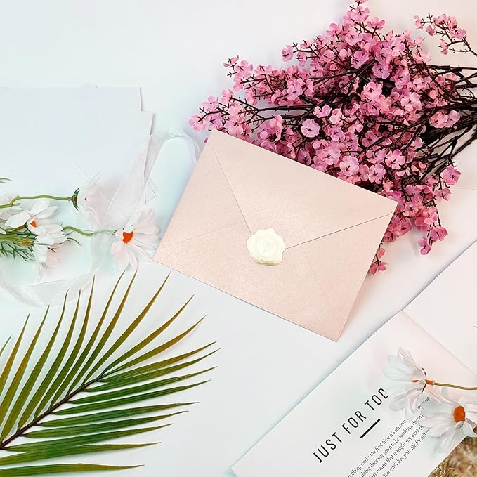 YINUOYOUJIA 50 PCS Pearl Brush Pink Envelopes A7,5 x 7 Brush Pink Shimmer Envelopes for Invitation,Perfect for Wedding Invitation Cards,Birthday RSVP Invite,5.25 x 7.25 inches