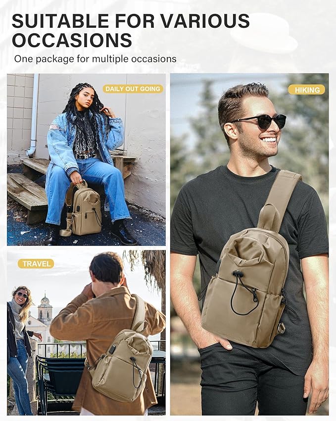 Sling Backpack bag for Men Khaki, Tactical BackpackSmall One Strap Daypack, Mini Anti-Theft Cross Body Motorcycle Chest Bags, Satchel Bag for Casual Travel Hiking Outdoor Sports Gym