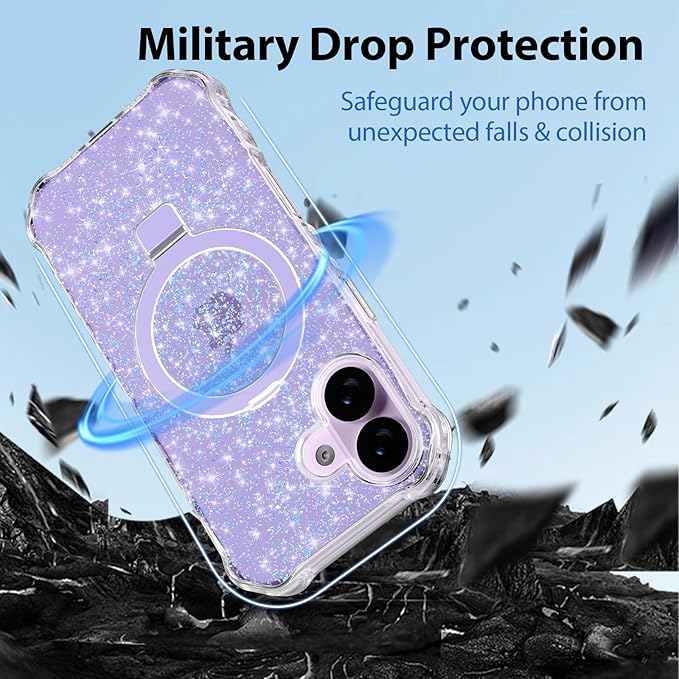 Magnetic for iPhone 17 Case with Invisible Stand, Compatible with MagSafe, Clear Bling Sparkle Shockproof Slim Anti-Slip Military Drop Protection Hard Phone Case 6.3" Glitter Purple