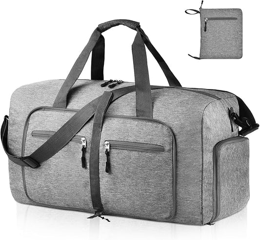 Dimayar 65L Travel Duffle Bag for Men Women - Foldable Duffel Bag with Shoes Compartment - Overnight Bags Waterproof & Tear Resistant(Gray)