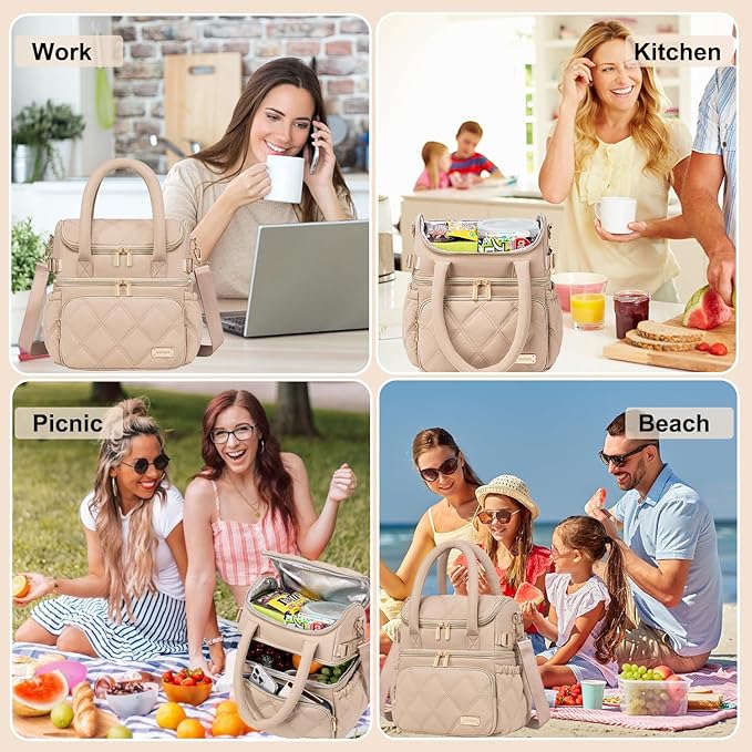 Weitars Lunch Bag for Women Men,Double Deck Lunch Box for Women,Quilted Lunch Tote for Work,Insulated Lunch Cooler Leakproof Lunchbox for Adult with Shoulder Strap &Pockets for Picnic Hiking (Khaki)
