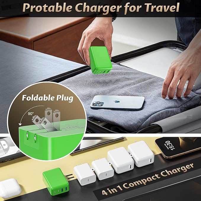 2Pack Slim Flat USB C Charger 40W Foldable Fast Charging Block 4Ports USB C Charger Block Cube Box Compatible with iPhone 16 Samsung, Pixel, Tablets, Multiport Power Adapter Plug Brick Christmas Green