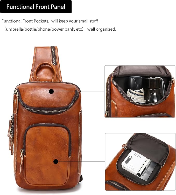 LANNSYNE Vintage Full Grain Leather Sling Bag Crossbody Chest Daypack