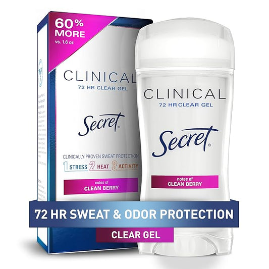 Secret Clinical Strength Antiperspirant Deodorant for Women, 3X Stress Protection, 72hr Sweat & Odor Protection, PH Balancing Minerals, Clear Gel, Clean Berry Scent, 2.6 oz