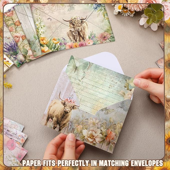 TaoBary 160 Pcs Stationery Paper Set 50 Double Sided Stationery Papers with 50 Matching Envelopes and 60 Round Dot Sticker, 10 Design(Floral Highland Cow,5.5 x 8.25 Inch)