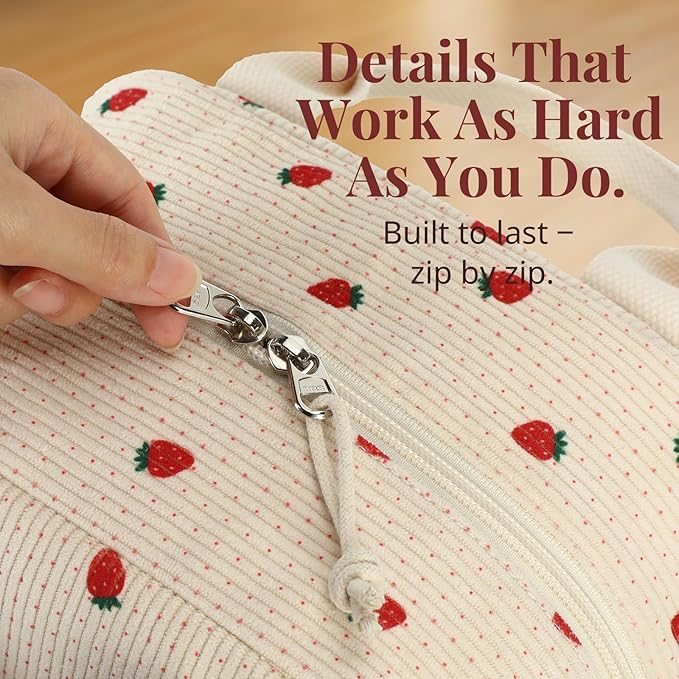 Crossbody Strawberry Lunch Bag for Women, Insulated Corduroy Tote with Adjustable Strap, Water Resistant Lunch Box for Work, Picnic, Travel or Beach, Beige Cream Reusable Lunch Box