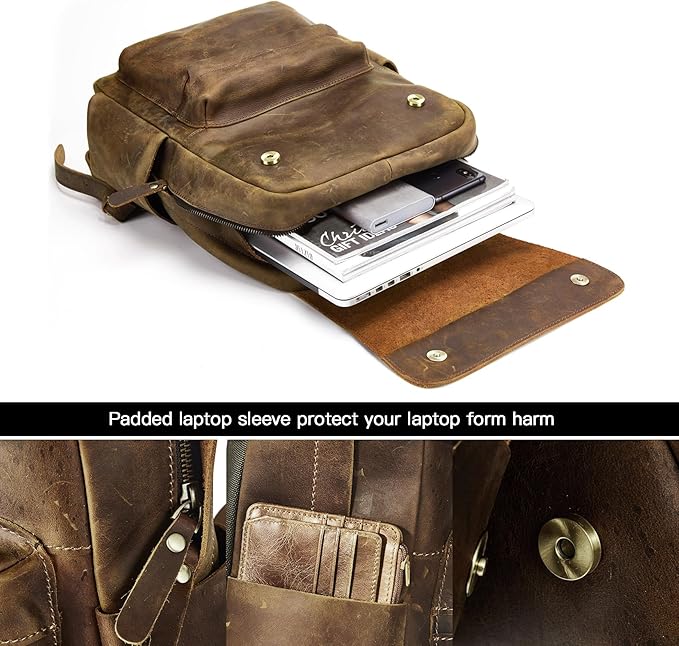 Leather Rucksack Backpack for Men Women Casual Travel Daypack 15.6 inch Laptop Bookbag