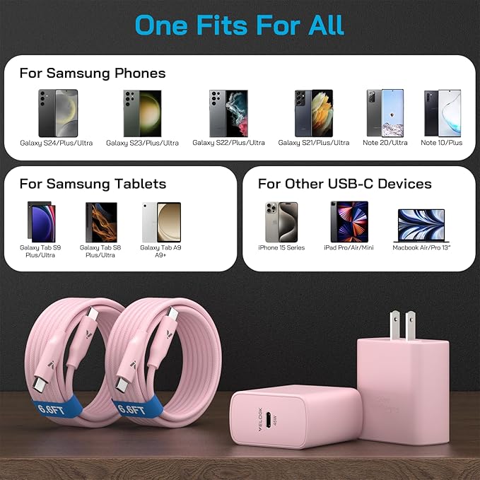45W Super Fast Charger USB C, 45 Watt Type-C Android Phone Charger Fast Charging Block with 6.6FT Type C Cords for Samsung Galaxy S25 Ultra/S24 Ultra/S24+/S23 Ultra/S22 Plus/S20, Tab S9/S8 Ultra(Pink)