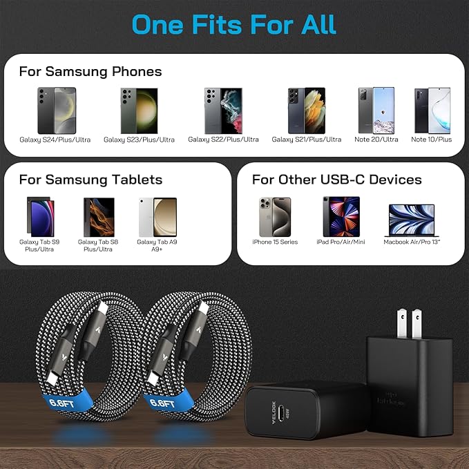 45W Super Fast Charger USB C, 45 Watt Type-C Android Phone Charger Fast Charging Block with 6.6FT Type C Cords for Samsung Galaxy S25 Ultra/S24 Ultra/S24+/S23 Ultra/S23+/S22 Plus/S20, Tab S9/S8 Ultra