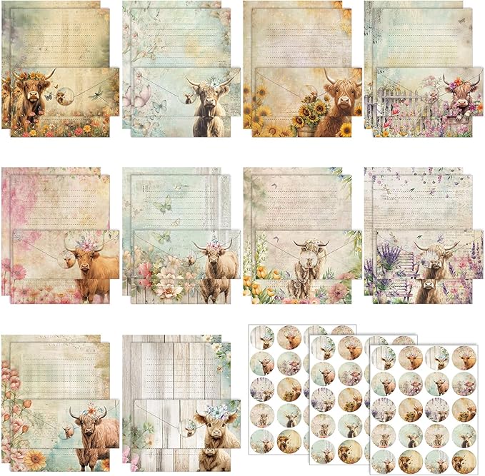 TaoBary 160 Pcs Stationery Paper Set 50 Double Sided Stationery Papers with 50 Matching Envelopes and 60 Round Dot Sticker, 10 Design(Floral Highland Cow,8.5 x 11 Inch)