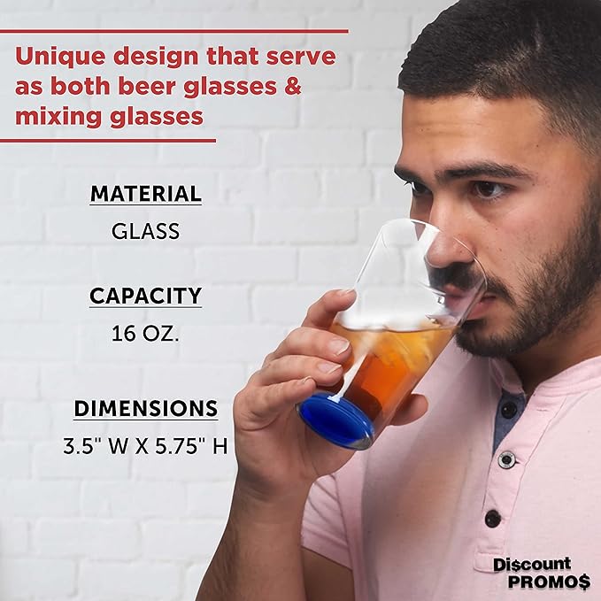 DISCOUNT PROMOS Arc Pint Glass 16 oz. Set of 10, Bulk Pack - Beer Glasses, Heavy Duty Drinkware - Blue