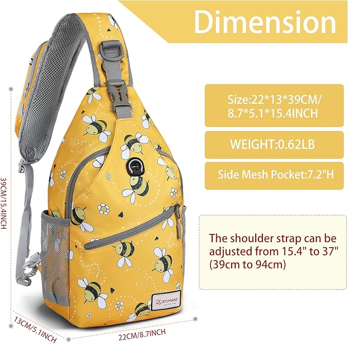 ZOMAKE Sling Bag,Small Crossbody Sling Backpack,Water Resistant Shoulder Daypack for Travel,Anti Thief Chest Bag for Hiking(Bee Yellow)