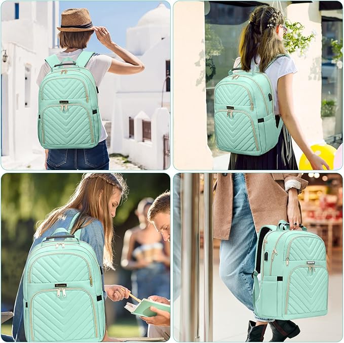 Backpack for Men Women, School Backpack for Boys Girls, 15.6 Inch Quilted Laptop Backpack with USB Charging Port, Large High School Bookbags for Teens, Teal