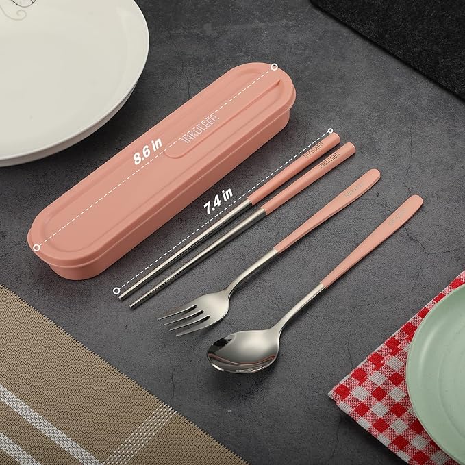 Travel cutlery set, 18/8 stainless steel cutlery, Reusable utensils set with case, Portable Silverware Lunch Box for Camping and Office(Pink）