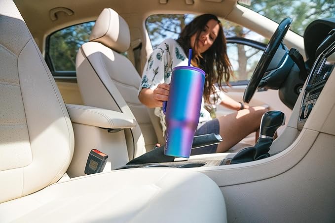 IRON °FLASK Co-Pilot Insulated Mug w/Straw & Flip Cap Lids - Cup Holder Bottle for Hot, Cold Drink - Leak-Proof - Water, Coffee Portable Travel Mug - Cashmere Cream, 32 Oz