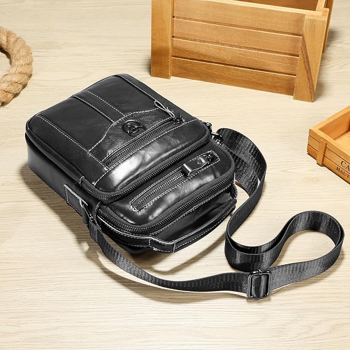 Leather Crossbody Bags for Men Casual Shoulder Bag Travel Messenger Bag Vintage Handbag Multi Pocket Satchel