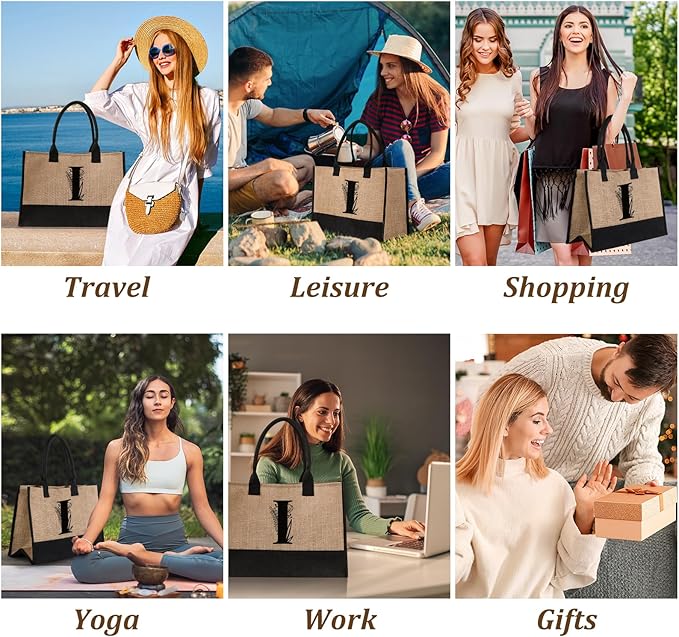 AYGE Personalized Initial Jute Tote Bag & Makeup Bag, Beach Bag, Monogrammed Birthday Gifts for Women Sister Mom Bridesmaid