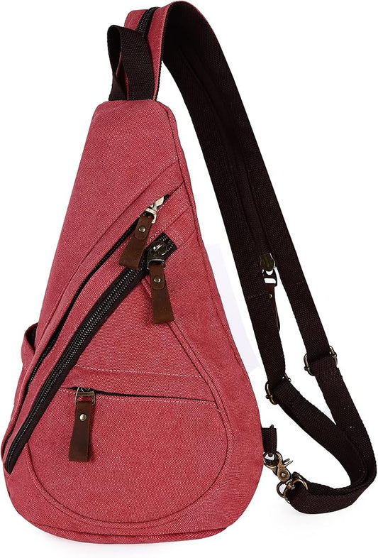 HuxFam Sling Bag for Women Men Crossbody Backpack Canvas Convertible Chest Bags Outdoor Travel Hiking Cycling Shoulder Daypack,Red