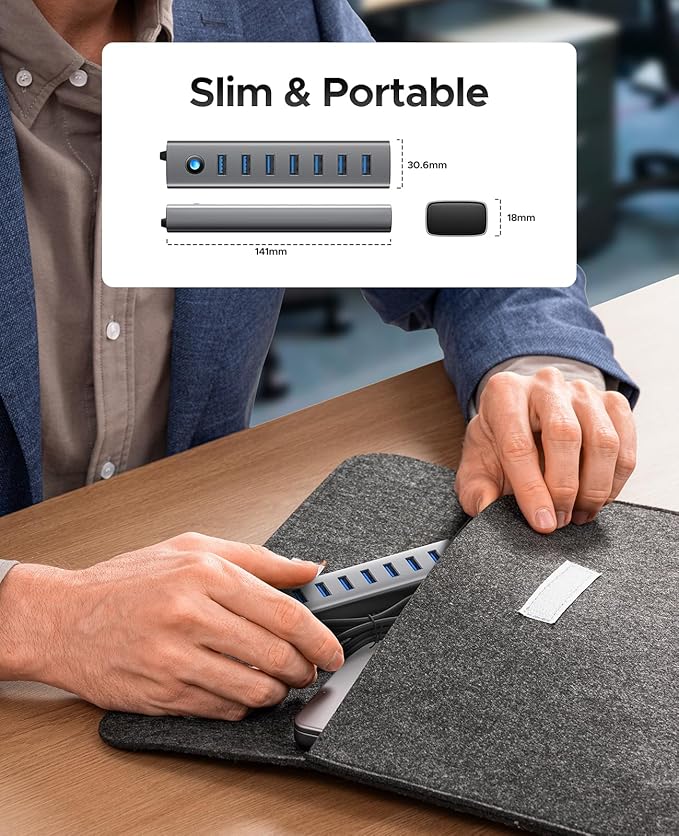 ORICO Aluminum 7-Port USB Hub with 3.28Ft Cable, Multiple USB 3.0 Hub, 5Gbps Data Transfer, 5V 3A Type-C Port, UBS-A Splitter for PC, Laptop, Desktop