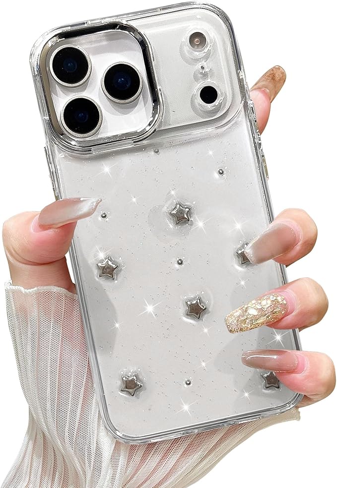 EYZUTAK Case for iPhone 17 Pro, Bling Glitter 3D Stars Phone Case Cute Sparkly Crystal Clear Star Aesthetic Design Cover Slim Soft Durable TPU Transparent Protective Cover for Women Girls - Star