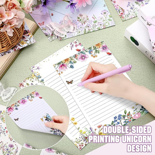 TaoBary 160 Pcs Stationery Paper Set 50 Double Sided Stationery Papers with 50 Matching Envelopes and 60 Round Dot Sticker, 10 Design(Wildflower,5.5 x 8.25 Inch)