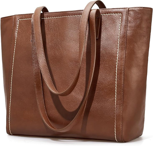 befen Vintage Genuine Leather Work Tote Bag for Women Large Tote Bag with Zipper Leather Purse and Handbags with Compartment