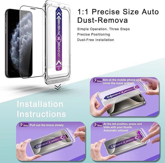 2 Pack Screen Protector Tempered Glass for iPhone 11 Pro and iPhone XS/X 5.8-Inch, Auto Dust Removal, No Bubbles, High Definition Clear, Easy Installation
