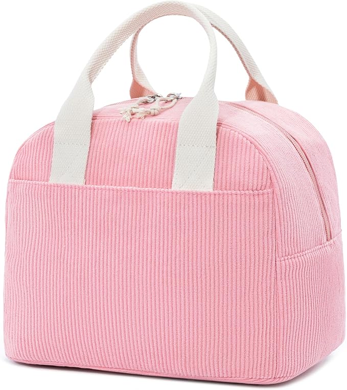 Insulated Sugar Pink Lunch Bag for Women, Stylish Corduroy Tote with Aluminum Lining, Large Capacity Reusable Cooler for Work, Travel, or Beach, Beige Cream Water-Resistant Lunch Box