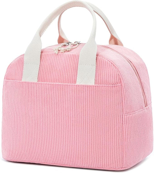 Insulated Sugar Pink Lunch Bag for Women, Stylish Corduroy Tote with Aluminum Lining, Large Capacity Reusable Cooler for Work, Travel, or Beach, Beige Cream Water-Resistant Lunch Box
