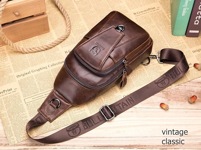 BULLCAPTAIN Leather Sling Bag for Men Multi-pocket Crossbody Chest Bag Travel Casual Shoulder Backpack