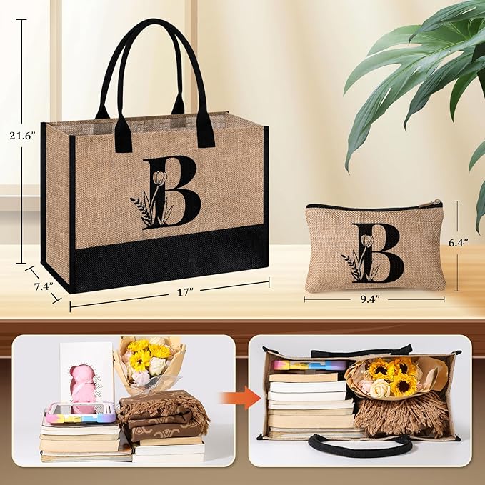AYGE Personalized Initial Jute Tote Bag & Makeup Bag, Beach Bag, Monogrammed Birthday Gifts for Women Sister Mom Bridesmaid