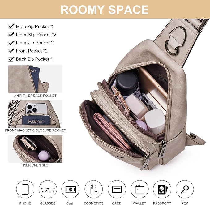 Womens Sling Bag Crossbody Bags for Women Vegan Leather Sling Backpack Daypack Fanny Pack Crossbody Purse Travel