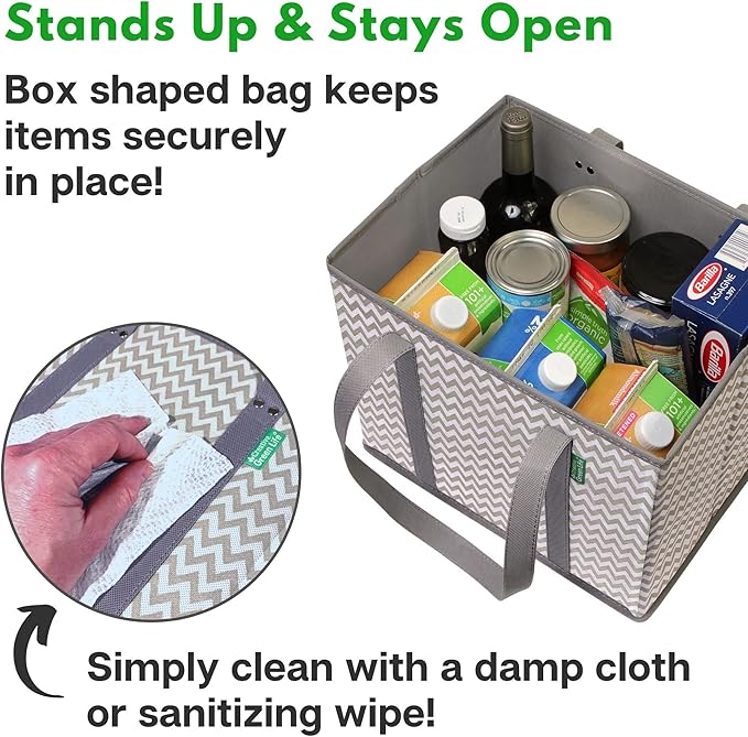 Reusable Grocery Bags (3 Pack) – Heavy Duty Reusable Shopping Bags with Box Shape to Stand Up and Stay Open – Large Tote Bags with Long Handles & Reinforced Bottom – Foldable Utility Bag – Chevron