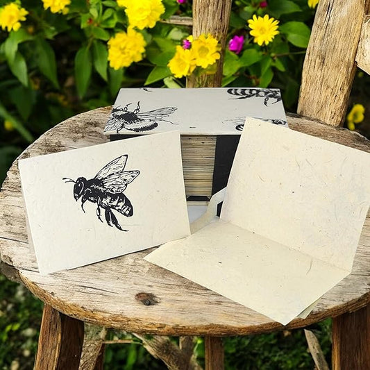 Kathmandu Valley Co. Nepali Cherish Greeting Card & Envelope Deluxe Box Set with Handmade Lokta Paper from Nepal, 25 Cards (Bees)