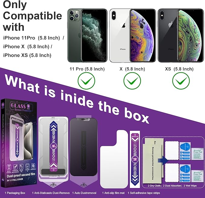 CHISHA 2-Pack Matte Privacy Screen Protector for iPhone 11 Pro and iPhone XS and iPhone X 5.8-Inch, Auto Dust Removal, No Bubbles,Anti-Spy Tempered Glass Film, Easy Installation