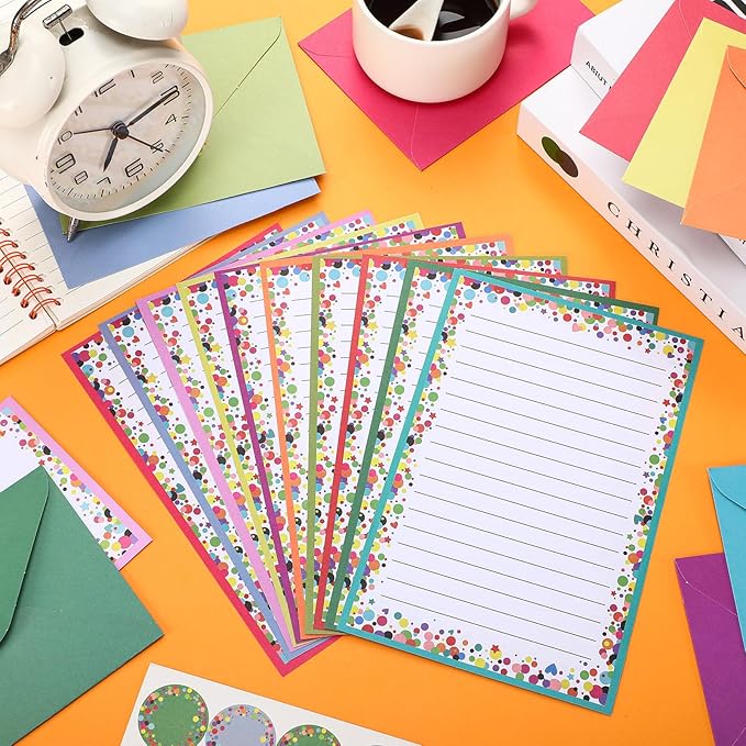 TaoBary 160 Pcs Stationery Paper Set 50 Double Sided Stationery Papers with 50 Matching Envelopes and 60 Round Dot Sticker, 10 Design(Dot,5.5 x 8.25 Inch)
