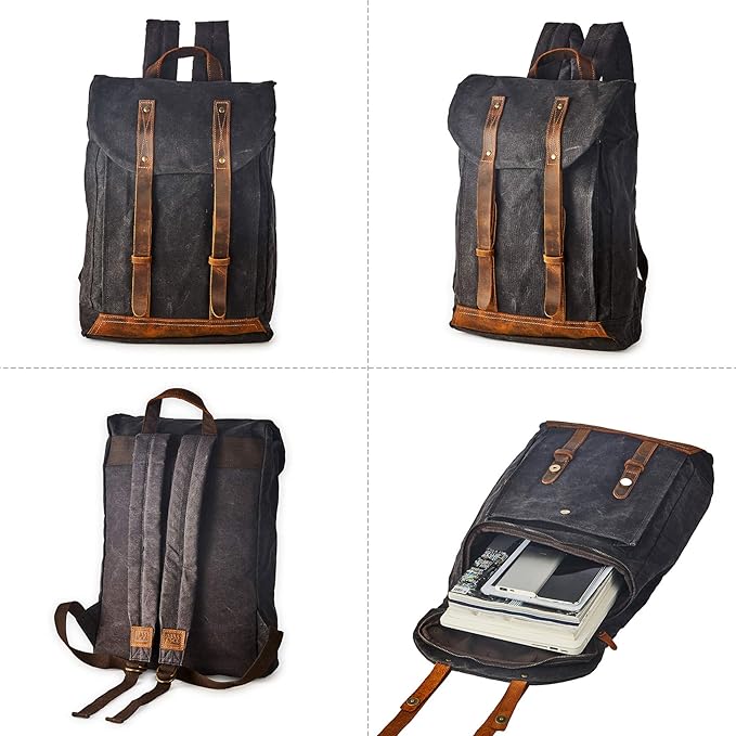 Waterproof Waxed Canvas Shoulder Rucksack Backpack for Men Women Casual Large 15.6 inch laptop Bookbag Grey