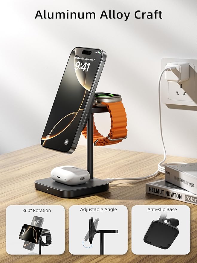 [Qi2 Certified ] LULULOOK 3 in 1 Charging Station with MagSafe, 15W QI2 Wireless Charger Stand Magnetic Charger for iPhone 17/16/15/14/13/12 Series, AirPods Pro/3/4, Apple Watch with 30W PD Adapter