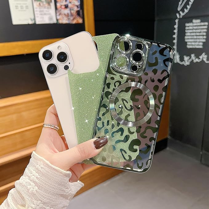 for iPhone 16 Pro Case Magnetic,Soft Cute Luxury Leopard Cheetah Pattern Plating Glitter Bling Phone Case Compatible with MagSafe Clear Shockproof Back Cover for Women Girl 6.3"-Green