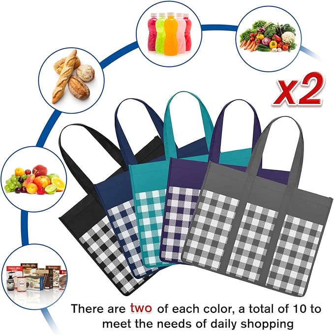 WISELIFE Reusable Grocery Shopping Bags 10 Pack Large Foldable Tote Bags Bulk, Long Handle for Shopping Groceries Clothes (Plaid A)