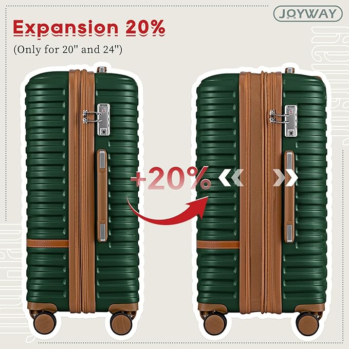Joyway Expandable 24 Inch Luggage with Spinner Wheels, Lightweight Hard Shell Medium Checked Suitcase, 3 Piece Luggage Sets with TSA Lock, Green